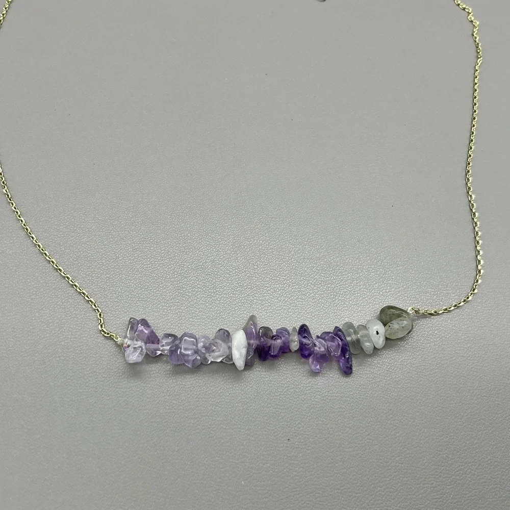 Necklace Gold‎ Tone Purple Amethyst Gemstone Beaded Bar Chain Womens Jewelry